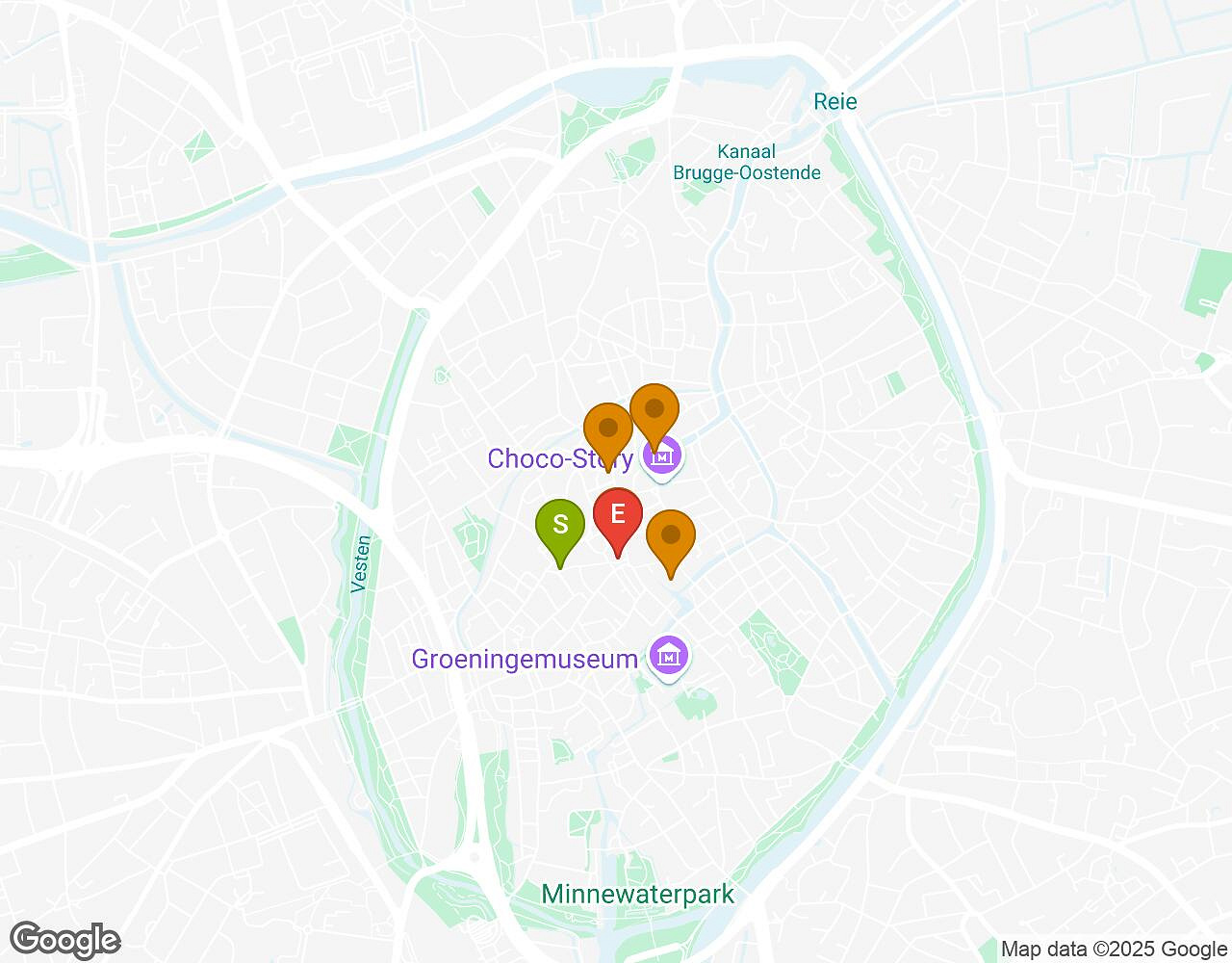 Interactive map for Red Nights BRUGES showing start point, end point and points of interest