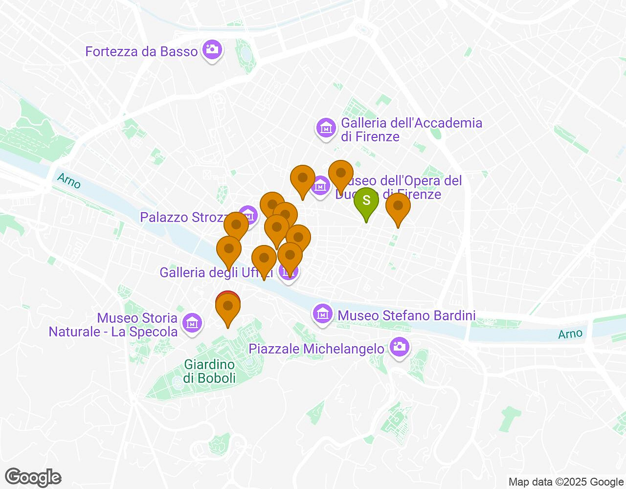 Interactieve kaart voor De Alchemist FIRENZE met startpunt, eindpunt en bezienswaardigheden