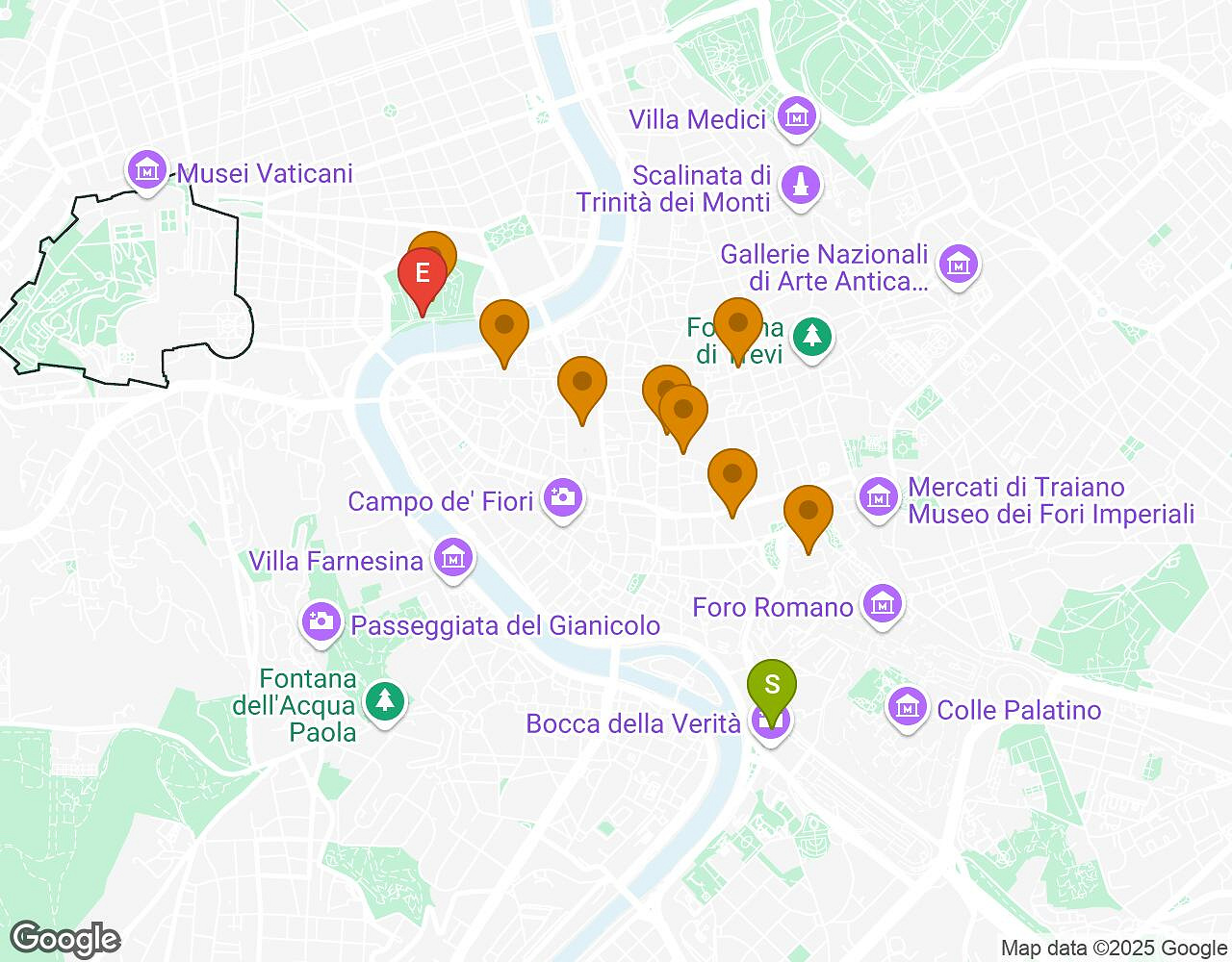 Interactieve kaart voor De Alchemist ROMA met startpunt, eindpunt en bezienswaardigheden