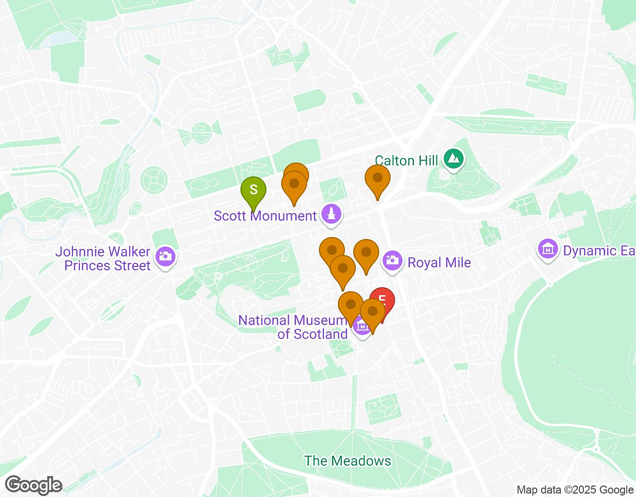 Interactieve kaart voor De Zaak Walter EDINBURGH met startpunt, eindpunt en bezienswaardigheden