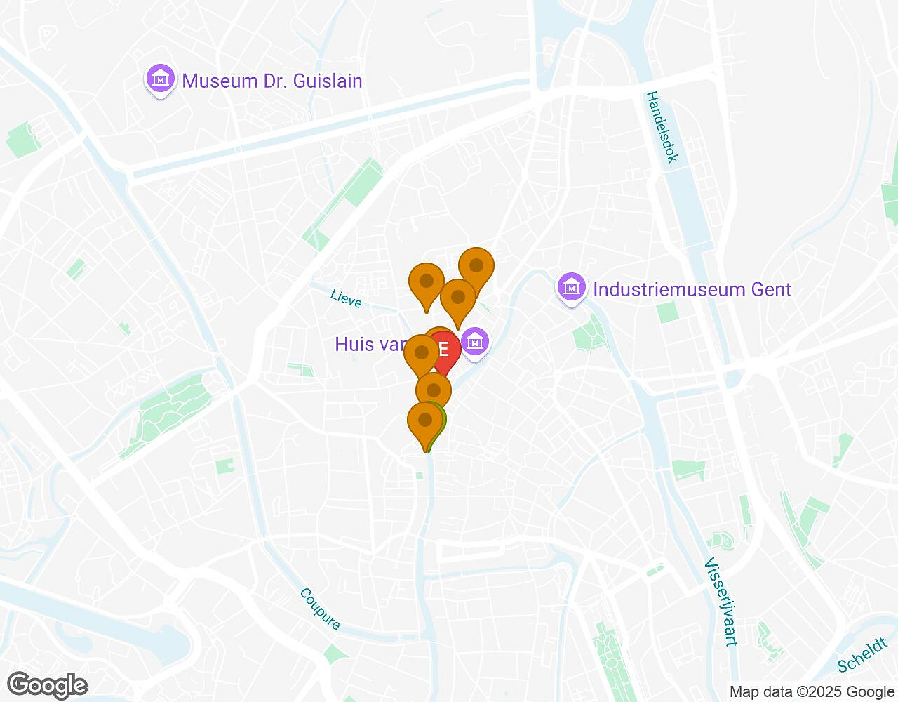 Interactive map for Saving Marsupilami! GHENT showing start point, end point and points of interest