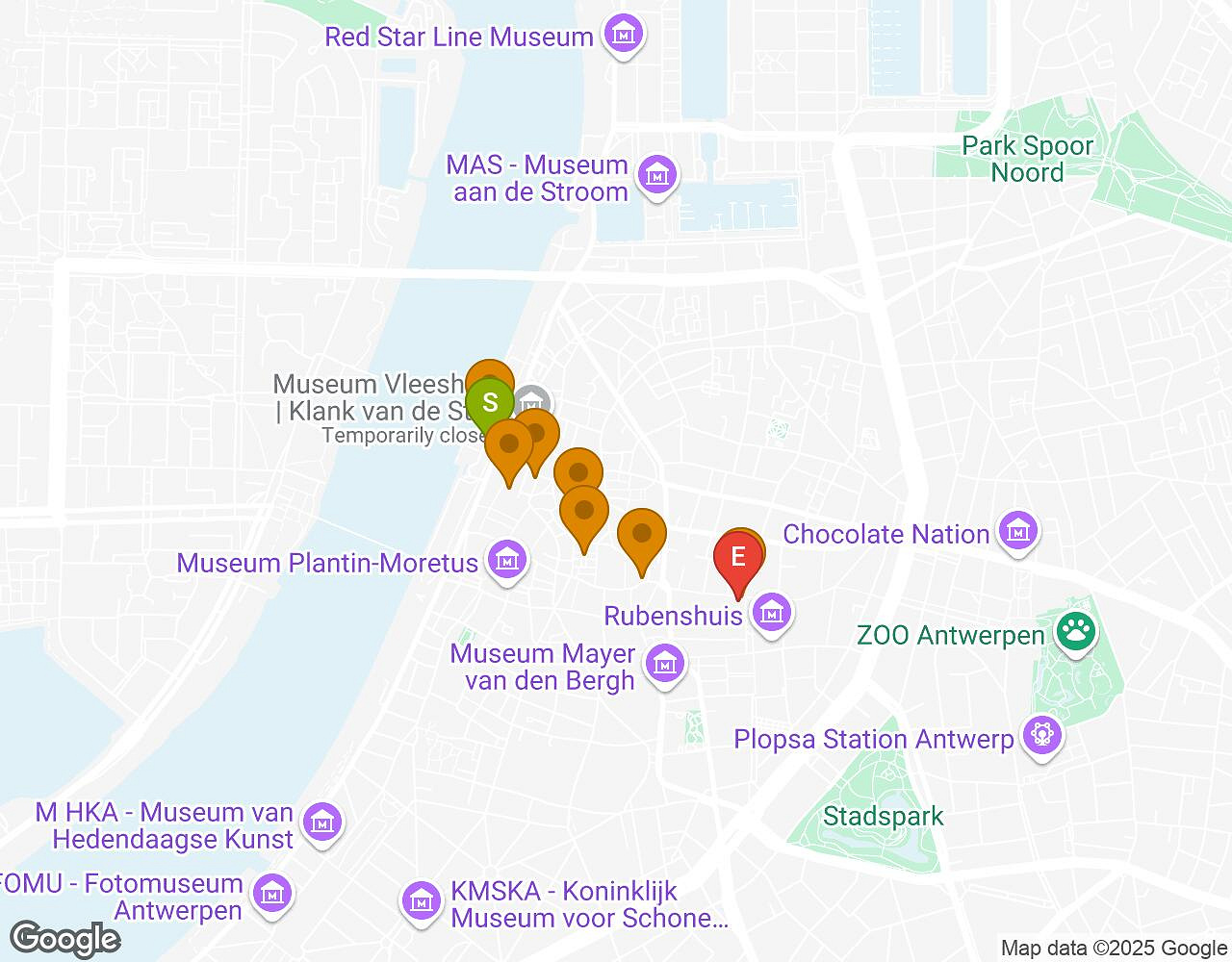 Interactieve kaart voor Red Marsupilami! ANTWERPEN met startpunt, eindpunt en bezienswaardigheden