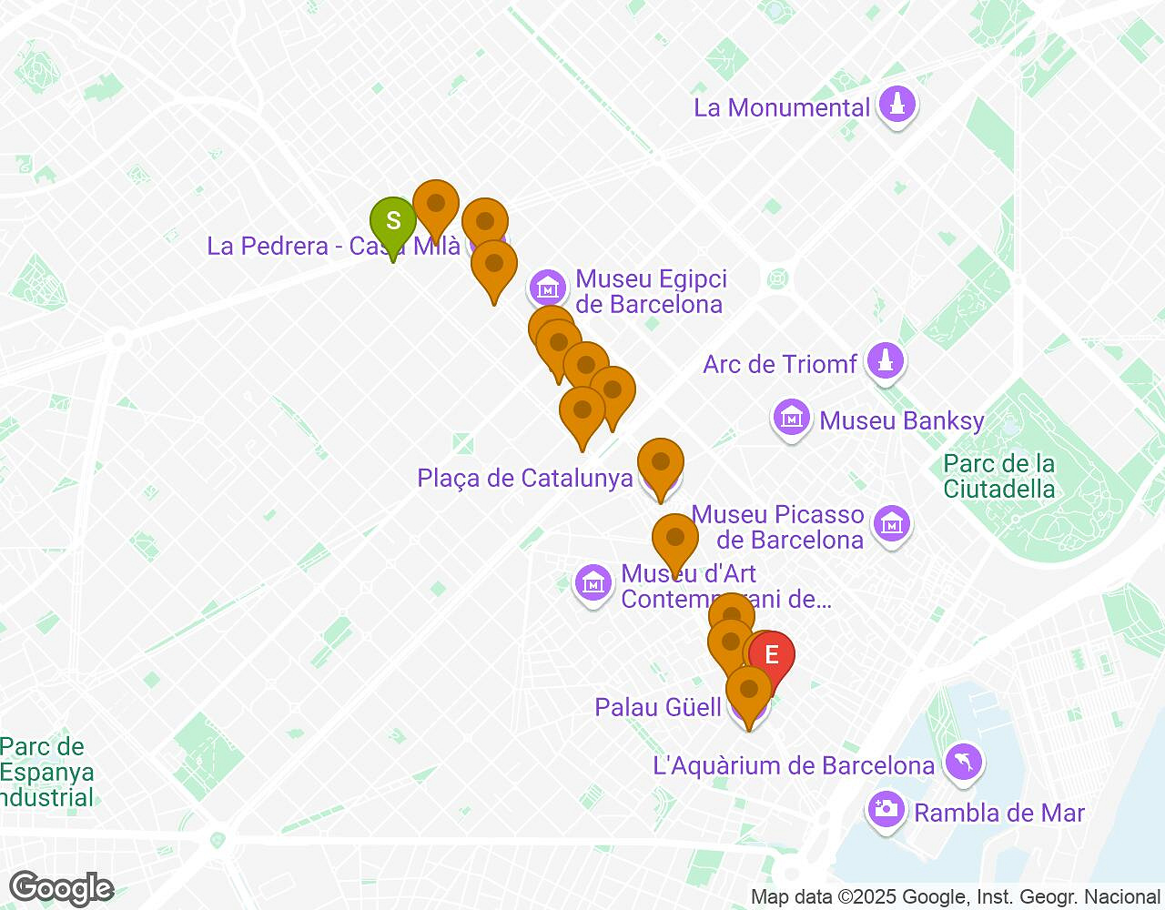 Interactive map for The Walter Case BARCELONA showing start point, end point and points of interest
