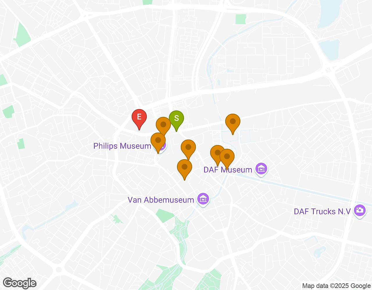 Interactieve kaart voor De Zaak Walter EINDHOVEN met startpunt, eindpunt en bezienswaardigheden