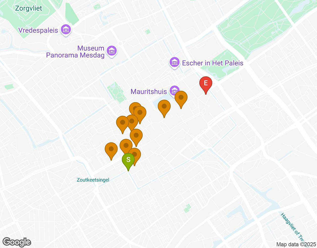 Interactieve kaart voor De Zaak WALTER DEN HAAG met startpunt, eindpunt en bezienswaardigheden