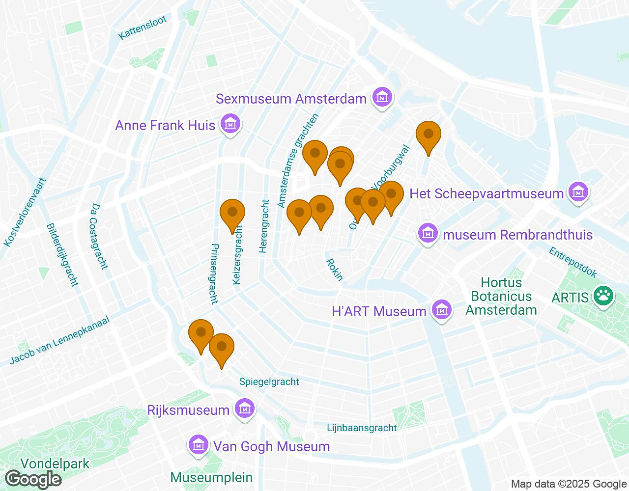 Interactieve kaart voor De Zaak Walter AMSTERDAM met startpunt, eindpunt en bezienswaardigheden