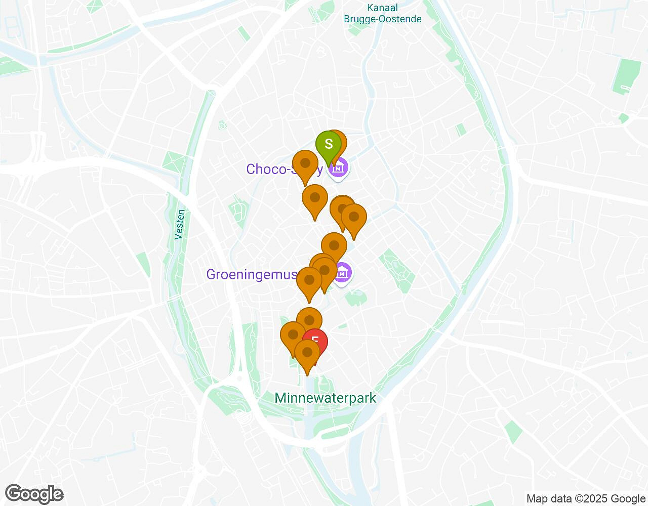 Interactive map for Secrets of Bruges showing start point, end point and points of interest