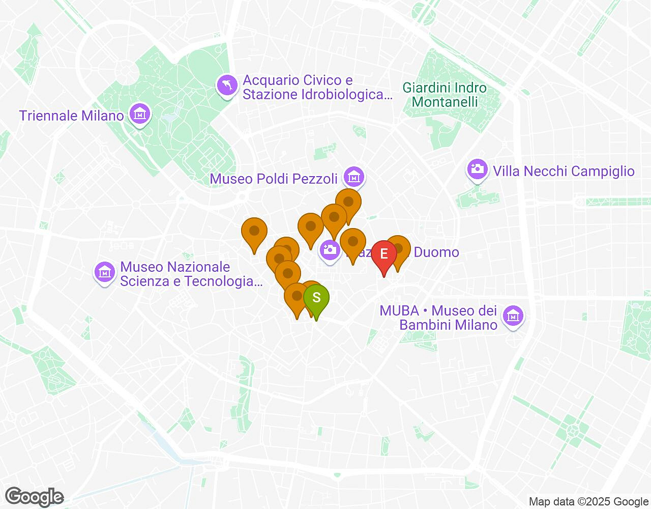 Interactieve kaart voor De Zaak Walter MILAN met startpunt, eindpunt en bezienswaardigheden
