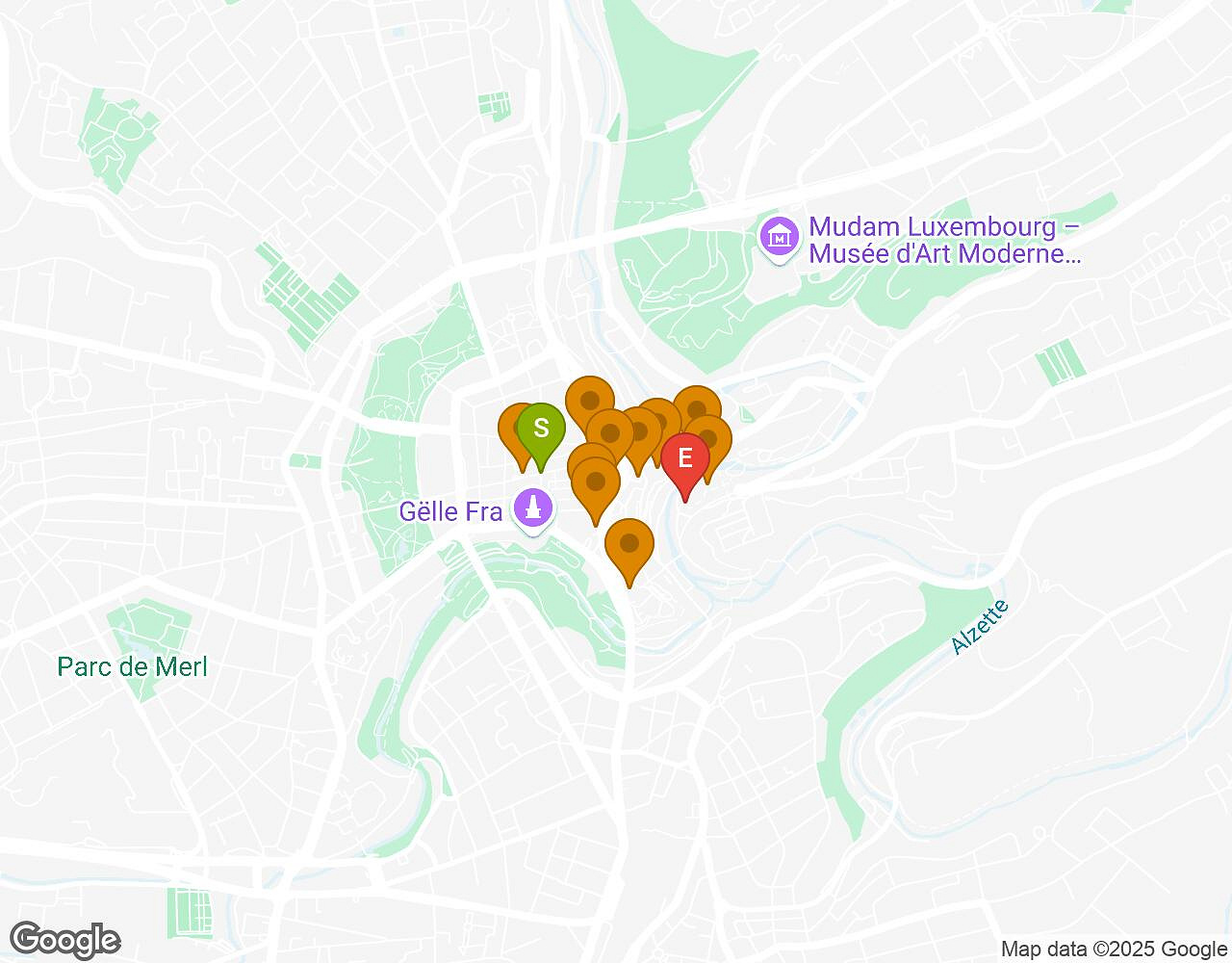Carte interactive pour L'Alchimiste LUXEMBOURG montrant le point de départ, d'arrivée et les points d'intérêt
