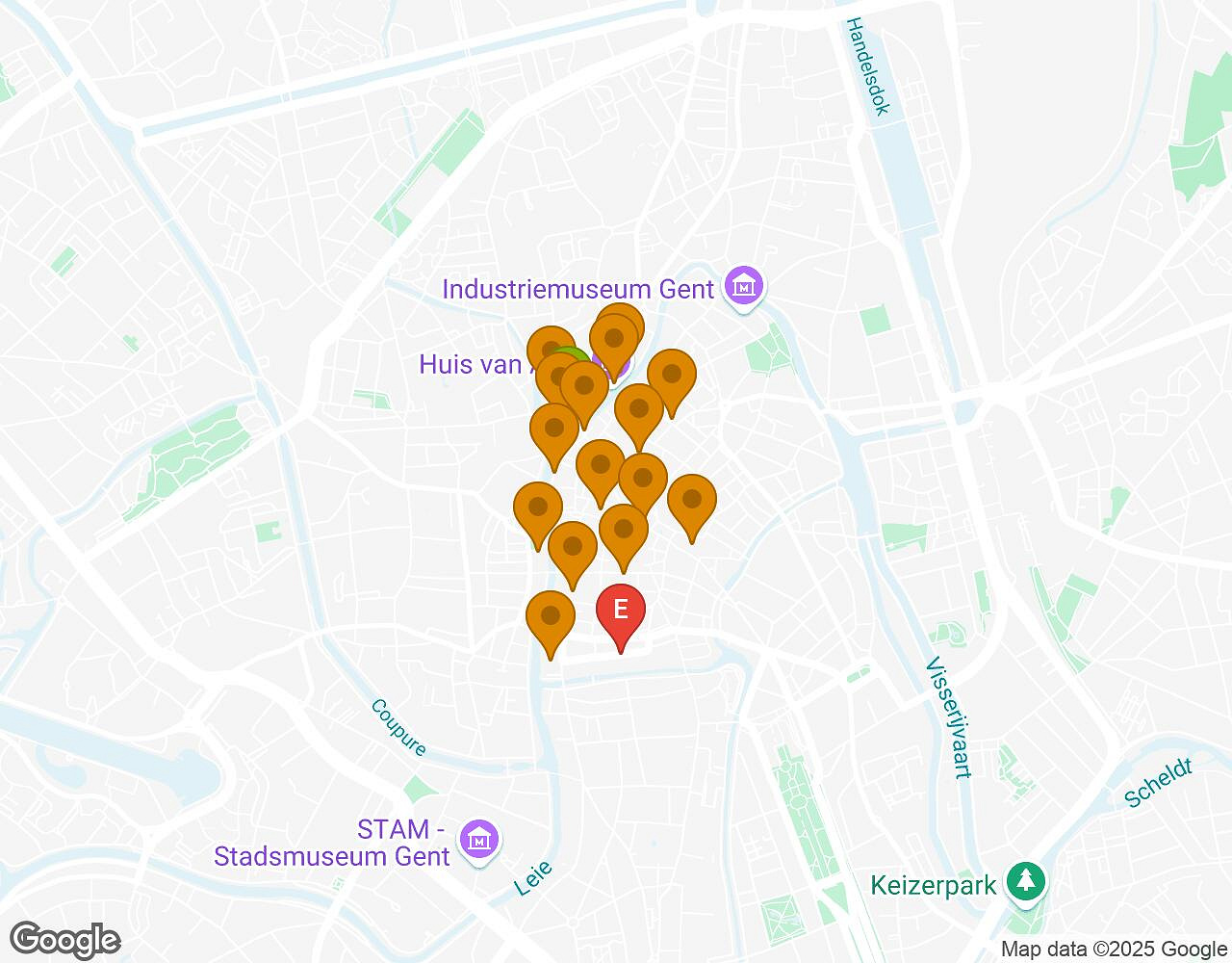 Interactive map for The Alchemist GHENT showing start point, end point and points of interest