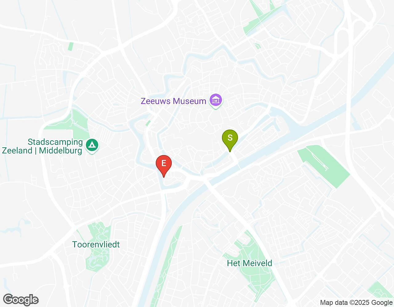 Interactieve kaart voor De Alchemist Middelburg met startpunt, eindpunt en bezienswaardigheden