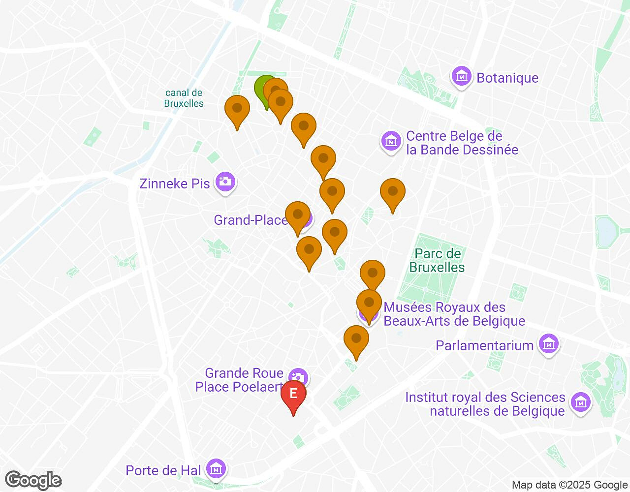 Interactive map for The Alchemist BRUSSELS showing start point, end point and points of interest