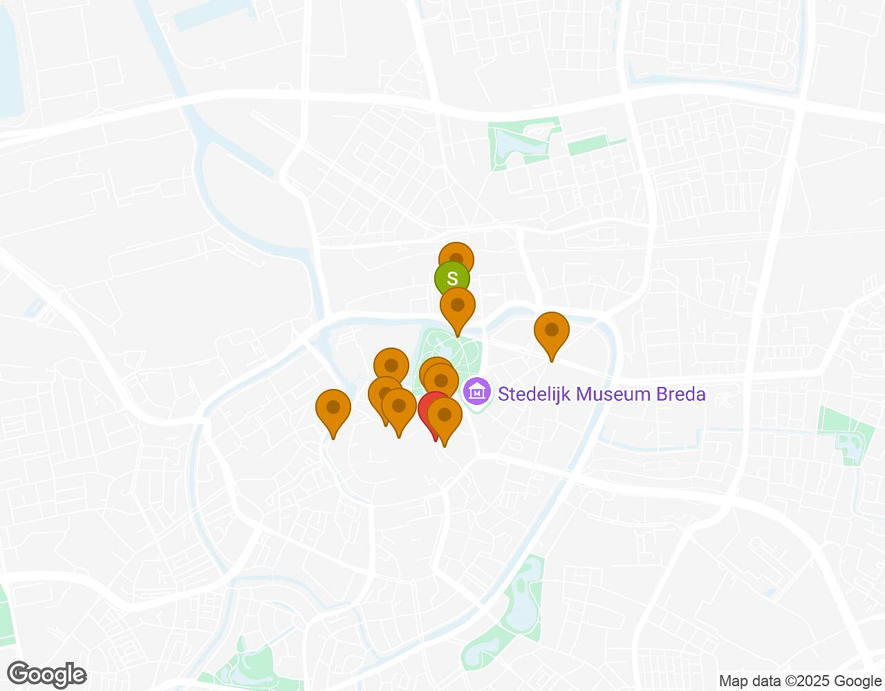 Interactieve kaart voor De Alchemist BREDA met startpunt, eindpunt en bezienswaardigheden