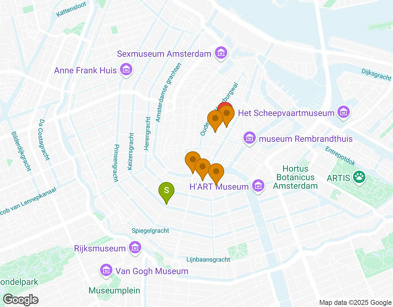 Interactieve kaart voor De Alchemist AMSTERDAM met startpunt, eindpunt en bezienswaardigheden