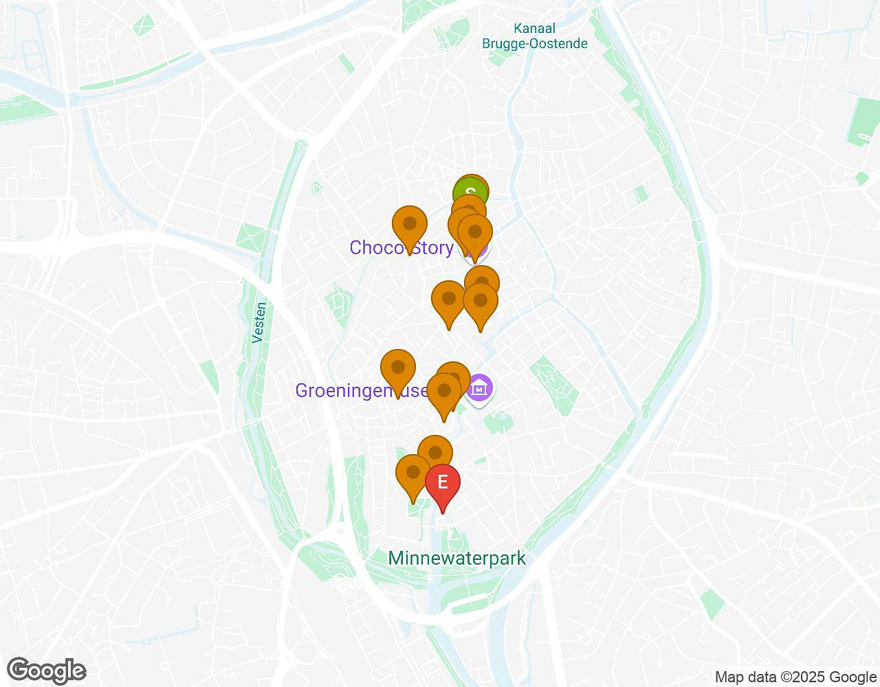 Interactieve kaart voor De Alchemist BRUGGE met startpunt, eindpunt en bezienswaardigheden