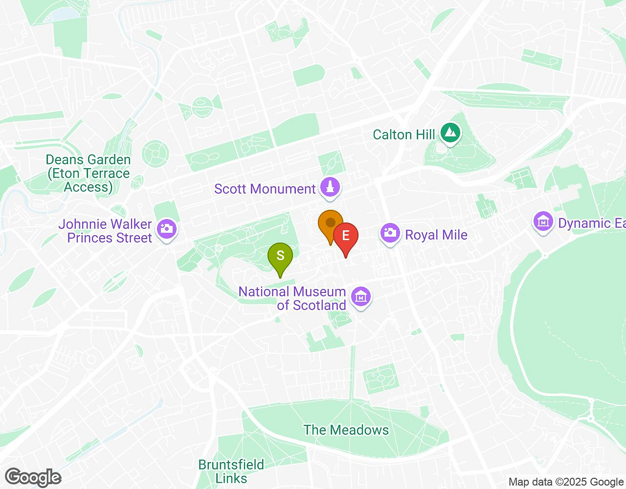 Interactieve kaart voor Crazytopia EDINBURGH met startpunt, eindpunt en bezienswaardigheden
