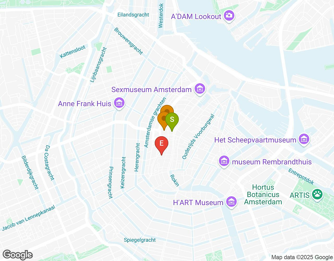 Interactieve kaart voor Crazytopia AMSTERDAM met startpunt, eindpunt en bezienswaardigheden