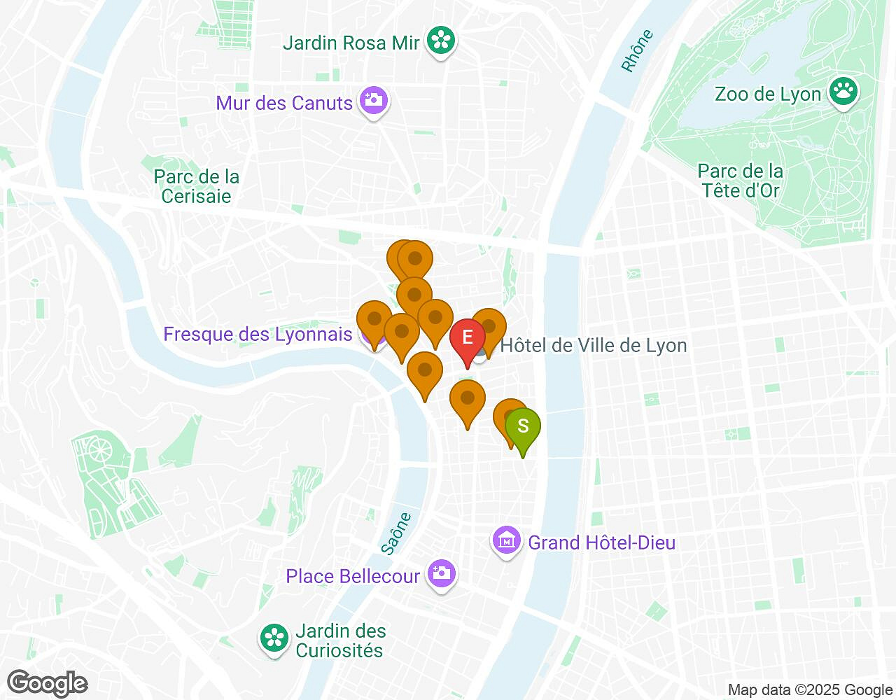 Interactieve kaart voor Crazytopia LYON met startpunt, eindpunt en bezienswaardigheden