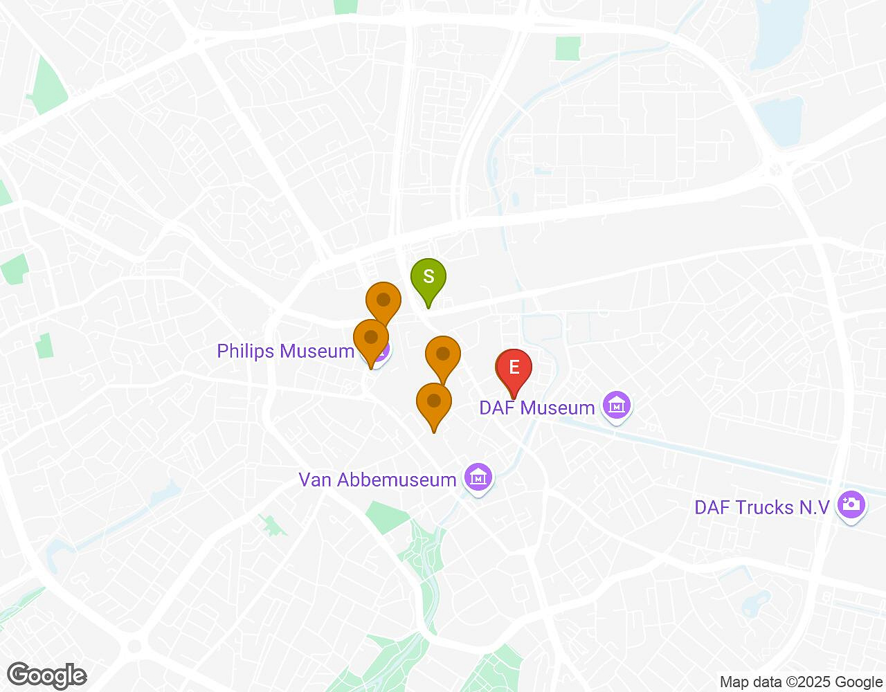 Carte interactive pour Crazytopia EINDHOVEN montrant le point de départ, d'arrivée et les points d'intérêt