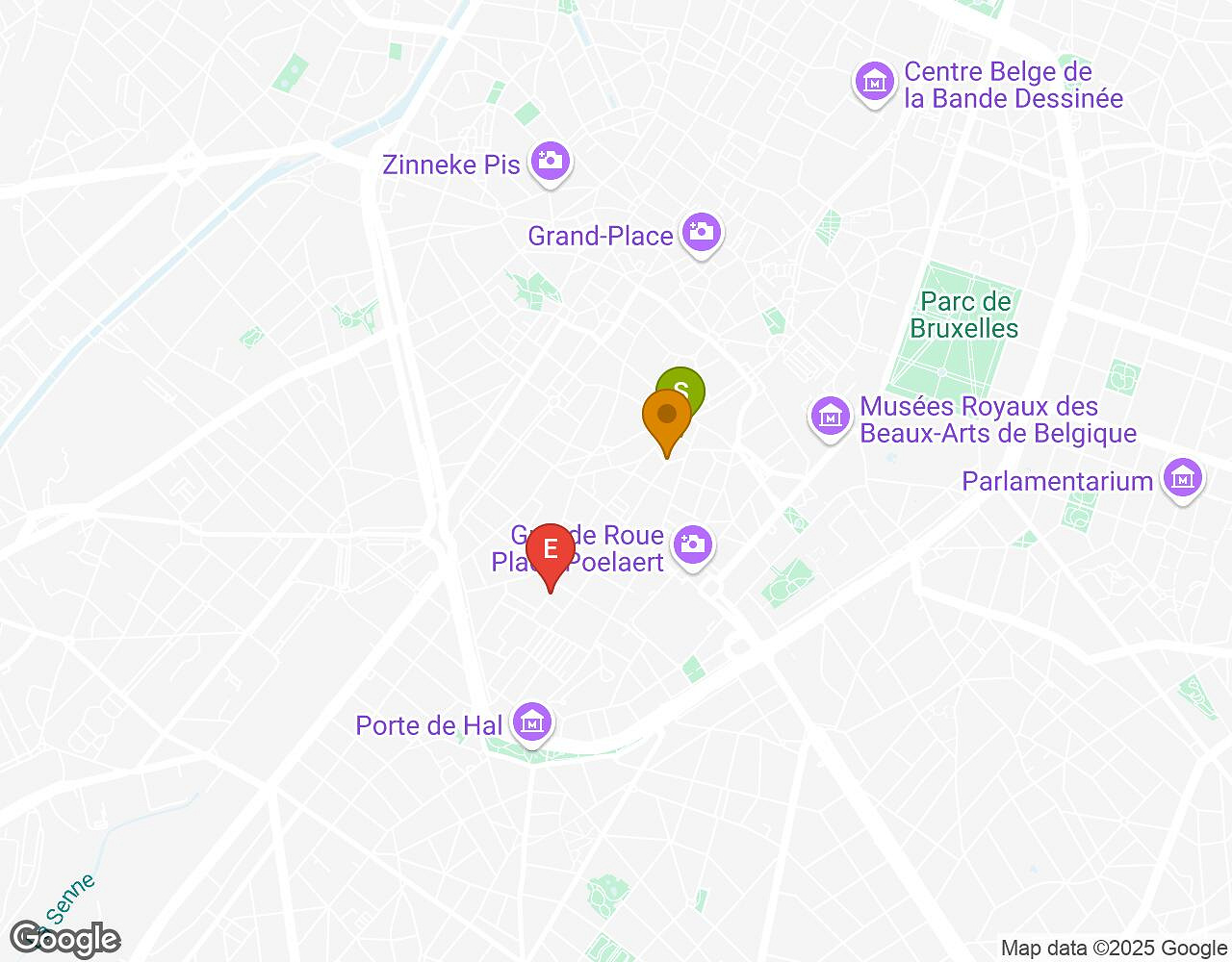 Interactieve kaart voor Crazytopia BRUSSEL met startpunt, eindpunt en bezienswaardigheden