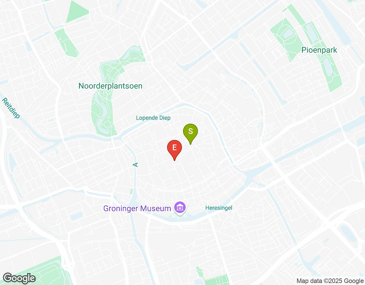 Interactieve kaart voor Crazytopia GRONINGEN met startpunt, eindpunt en bezienswaardigheden