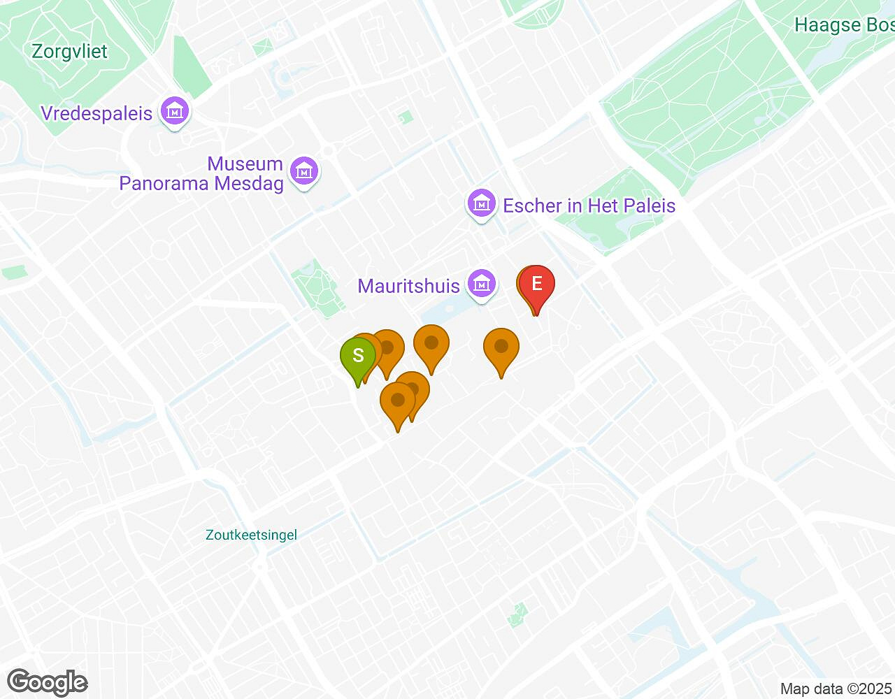 Interactieve kaart voor Crazytopia DEN HAAG met startpunt, eindpunt en bezienswaardigheden