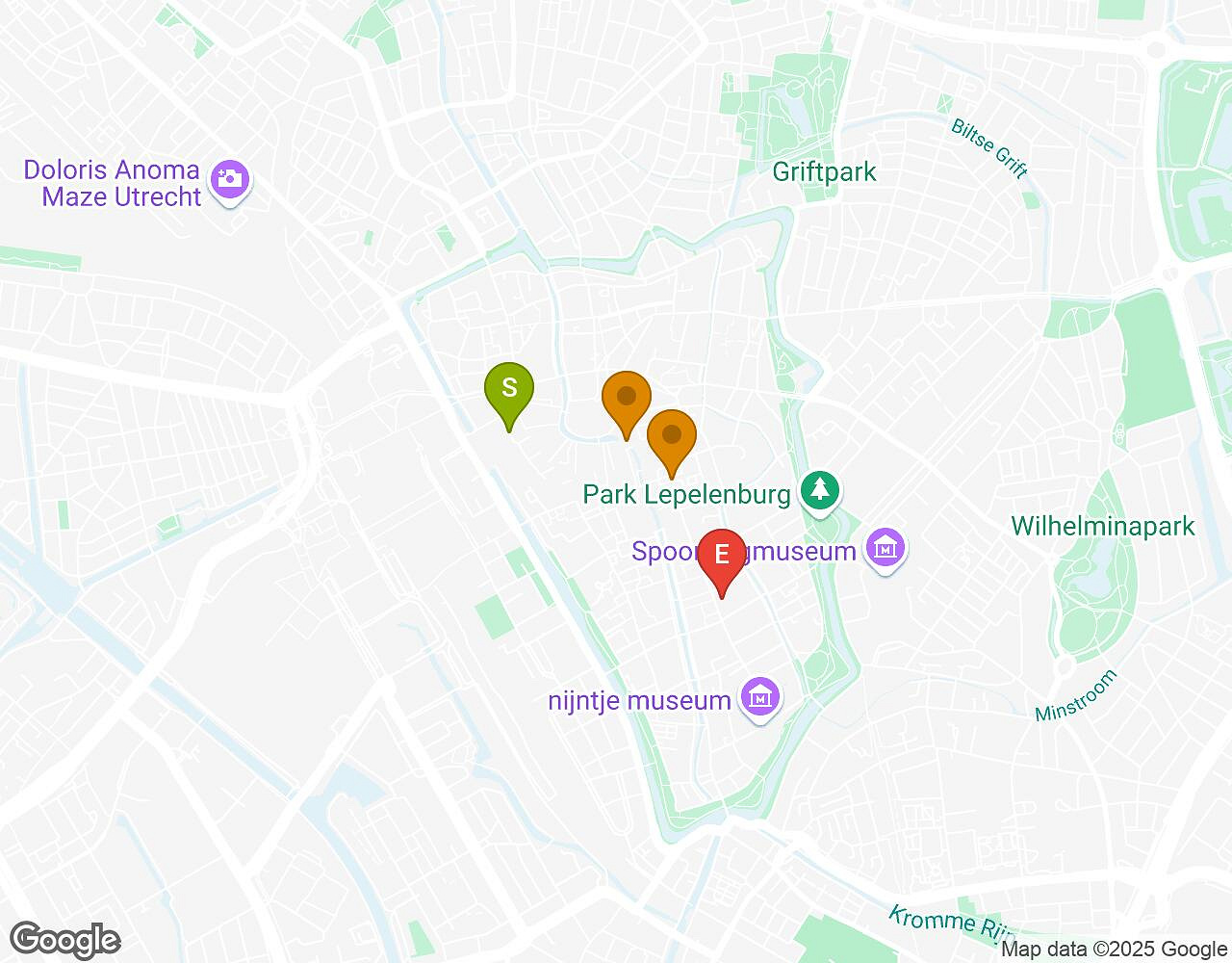 Interactieve kaart voor Crazytopia UTRECHT met startpunt, eindpunt en bezienswaardigheden
