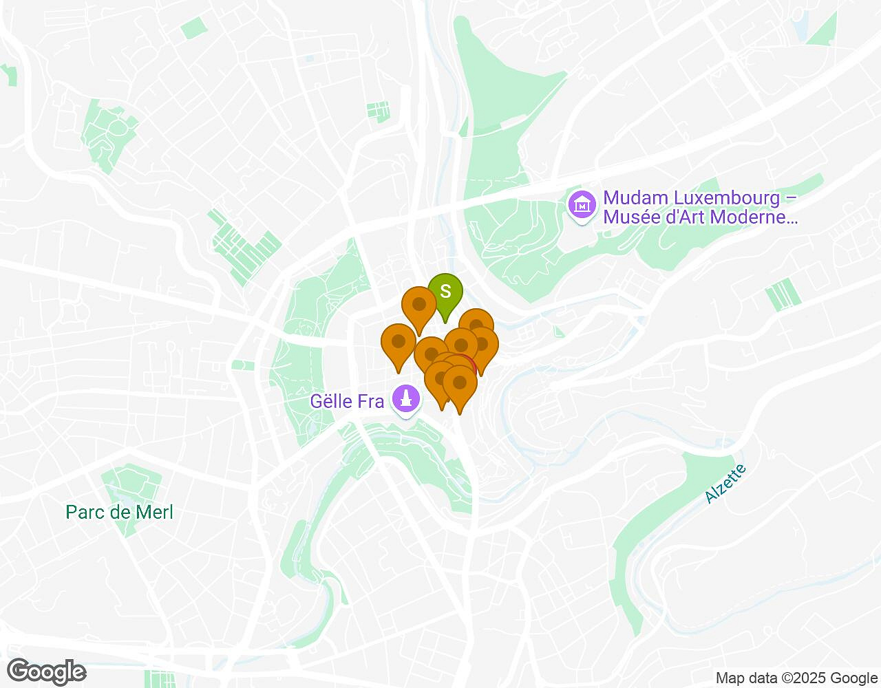 Interactieve kaart voor Crazytopia LUXEMBURG met startpunt, eindpunt en bezienswaardigheden