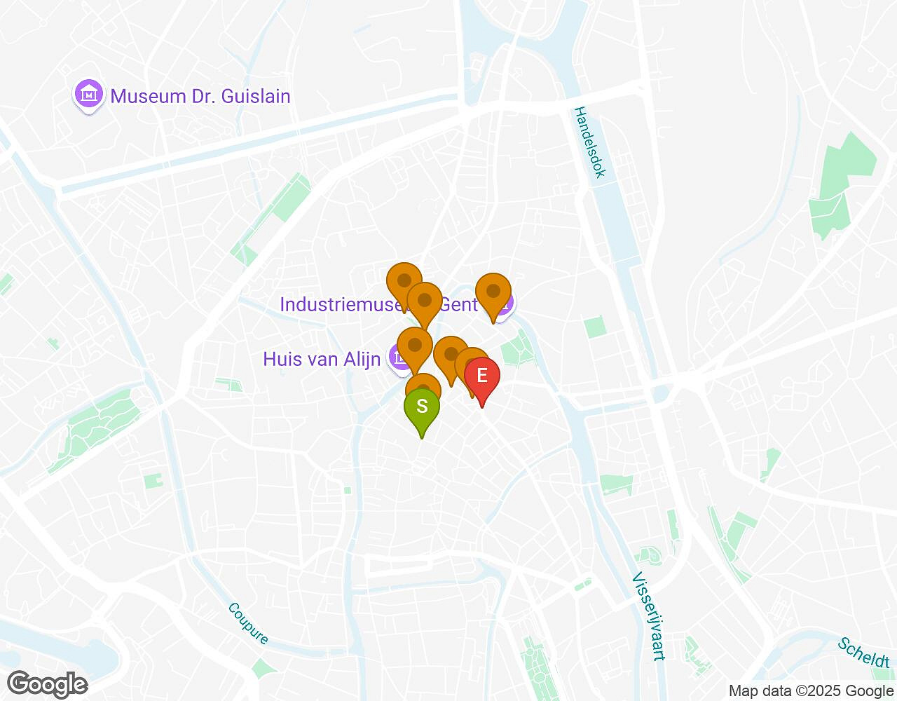 Interactieve kaart voor Crazytopia GENT met startpunt, eindpunt en bezienswaardigheden