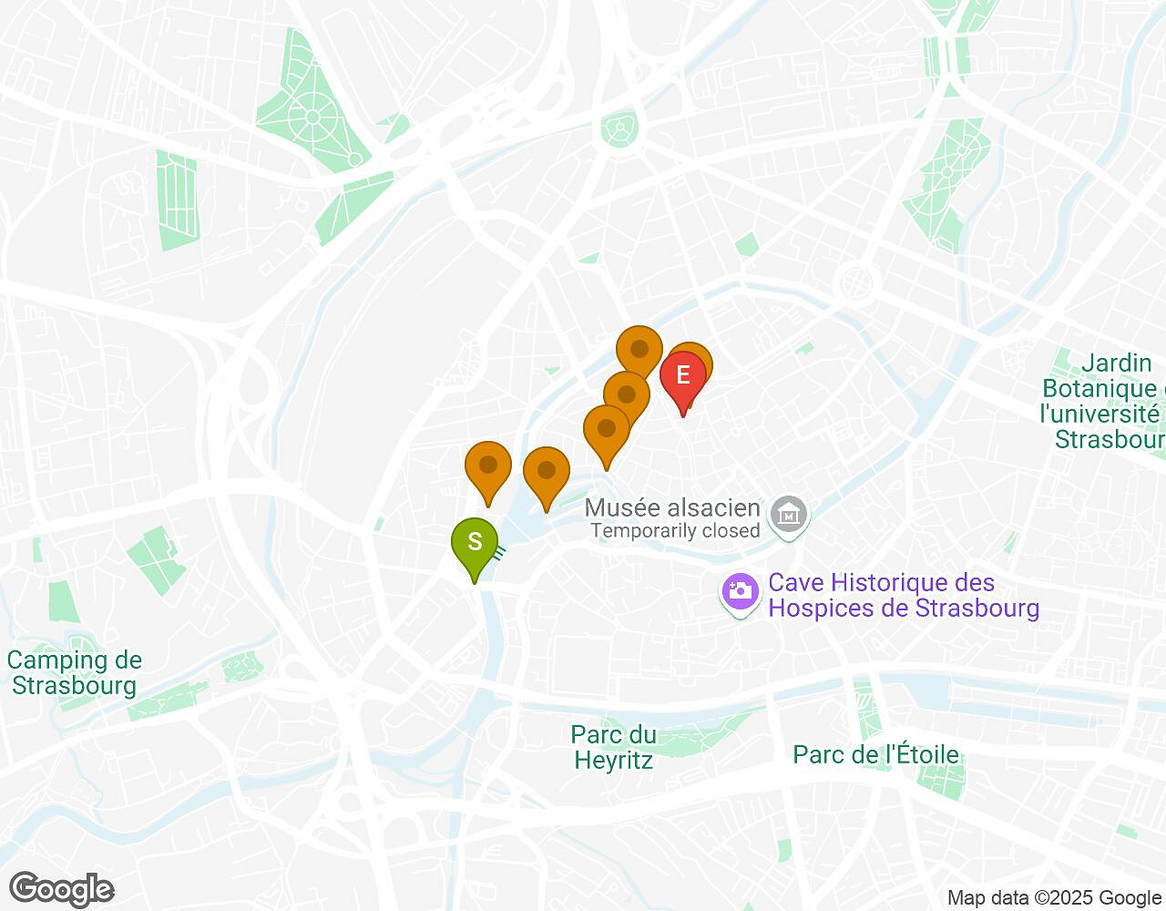 Interactieve kaart voor Crazytopia STRASBOURG met startpunt, eindpunt en bezienswaardigheden