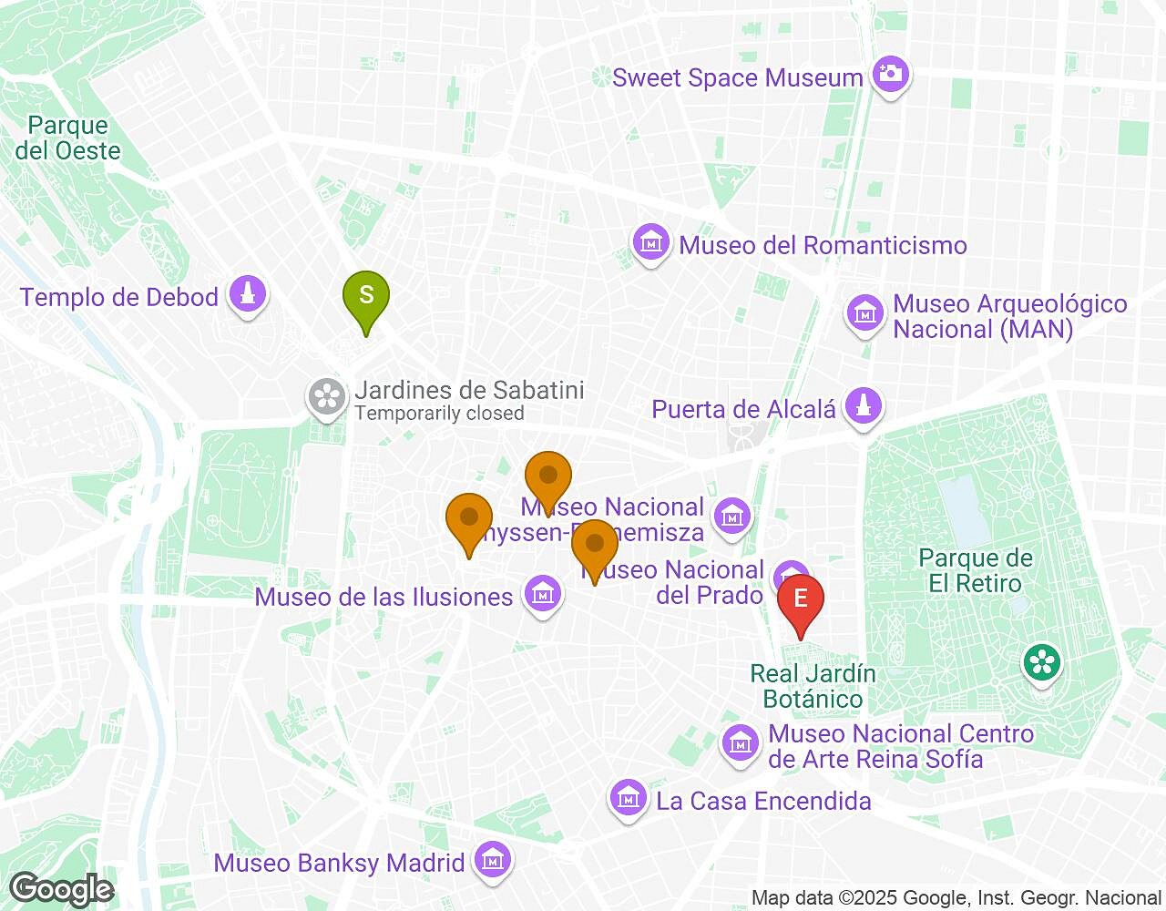 Interactive map for The Alchemist MADRID showing start point, end point and points of interest