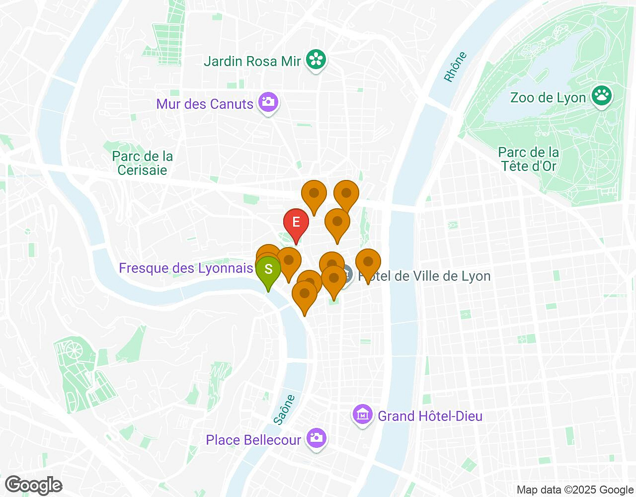 Interactive map for Peter Pan LYON showing start point, end point and points of interest