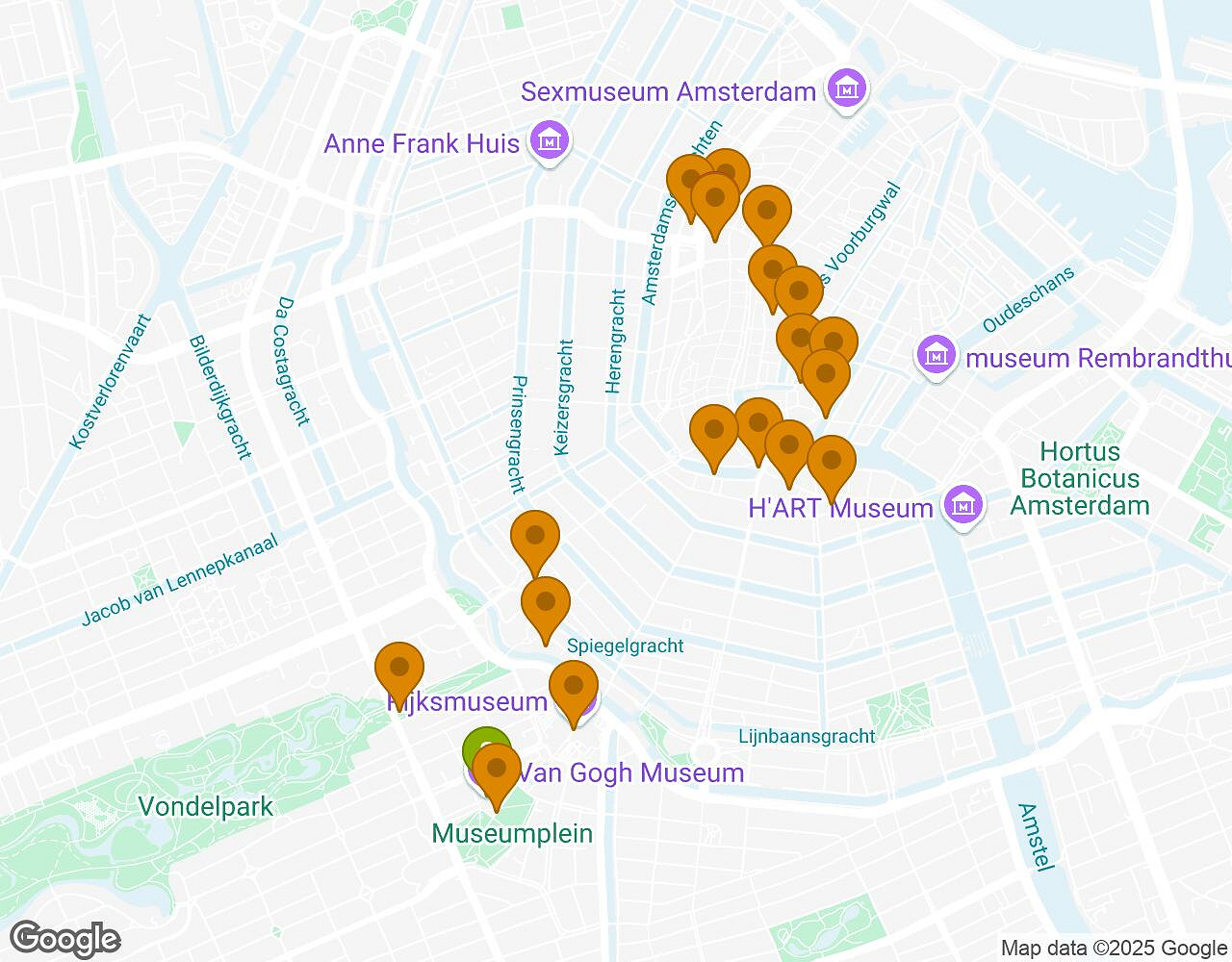 Interactieve kaart voor De Geheimen van Amsterdam met startpunt, eindpunt en bezienswaardigheden