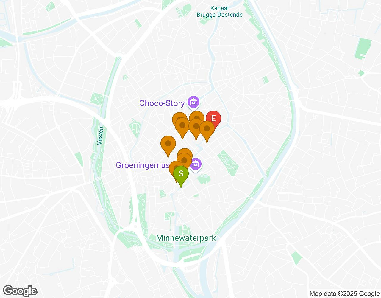 Interactive map for Peter Pan BRUGES showing start point, end point and points of interest