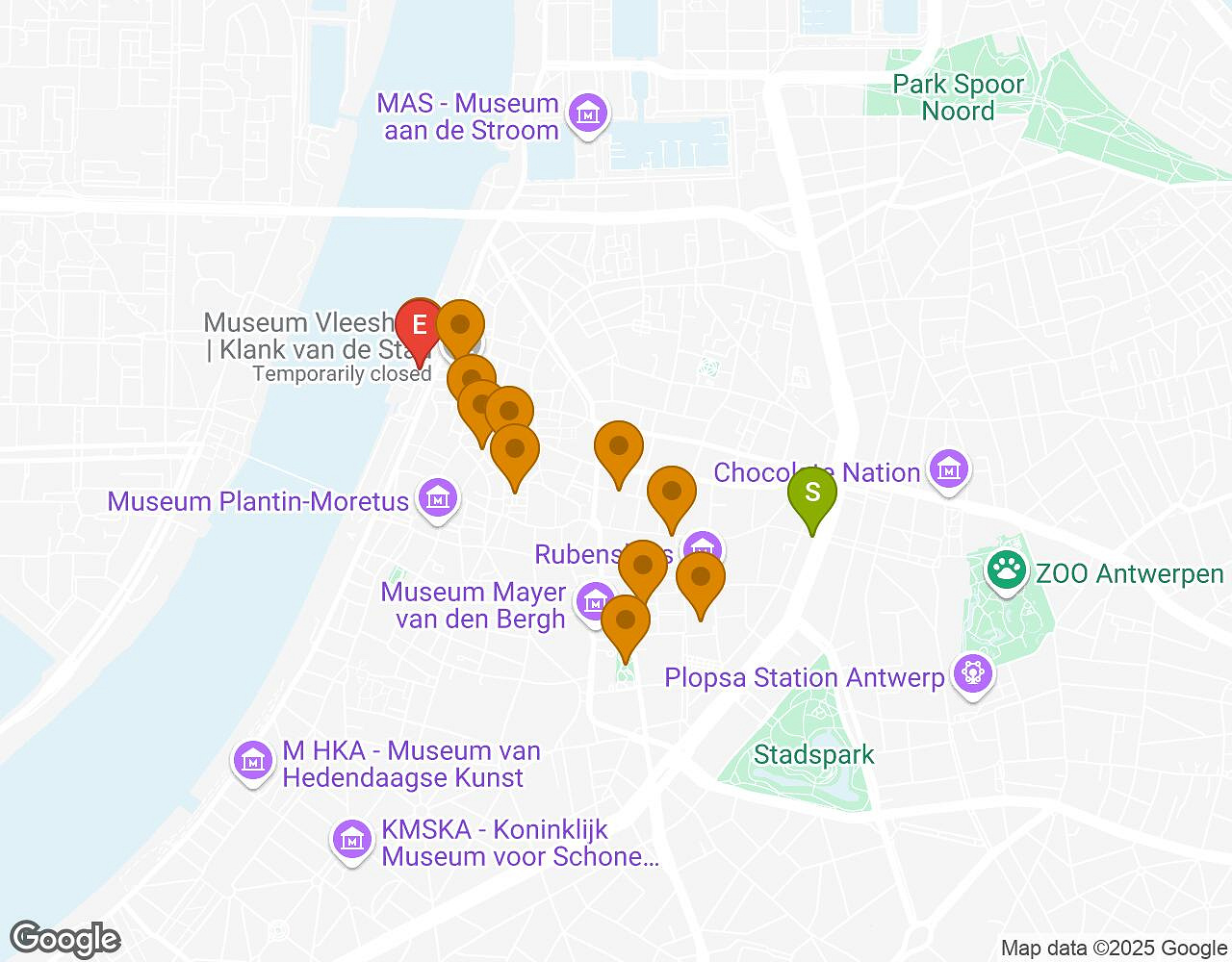 Interactive map for Peter Pan ANTWERP showing start point, end point and points of interest