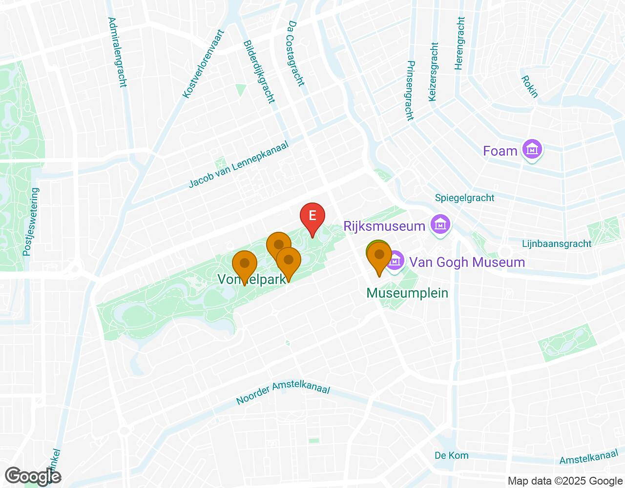 Interactieve kaart voor Peter Pan AMSTERDAM met startpunt, eindpunt en bezienswaardigheden