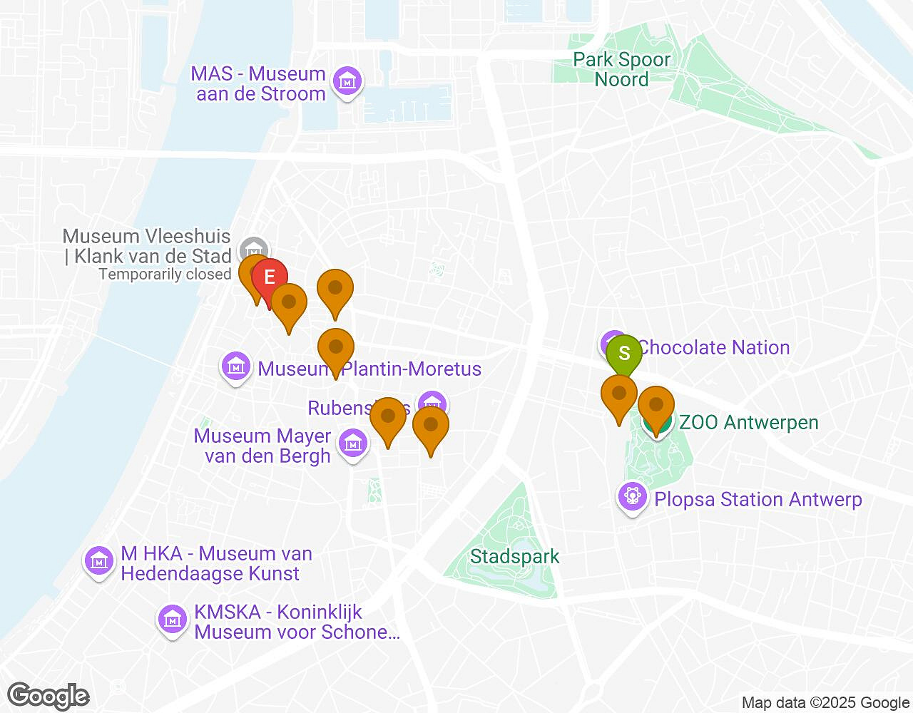 Interactieve kaart voor De Zaak Walter ANTWERPEN met startpunt, eindpunt en bezienswaardigheden
