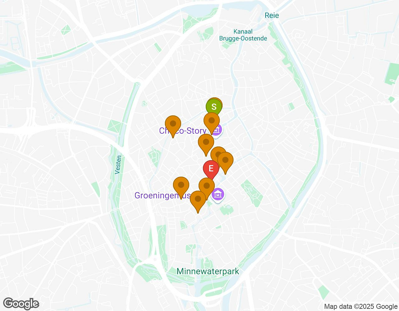 Interactive map for The Walter Case BRUGES showing start point, end point and points of interest