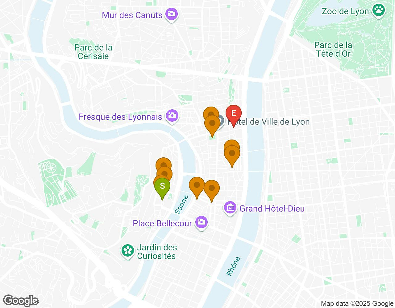 Interactieve kaart voor De Zaak Walter LYON met startpunt, eindpunt en bezienswaardigheden