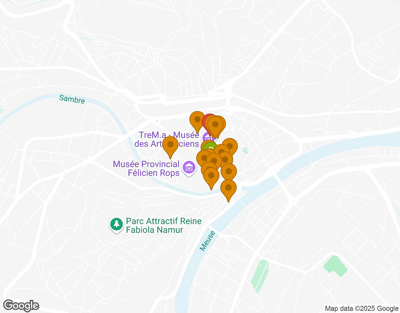 Interactive map for Secrets of Namur showing start point, end point and points of interest
