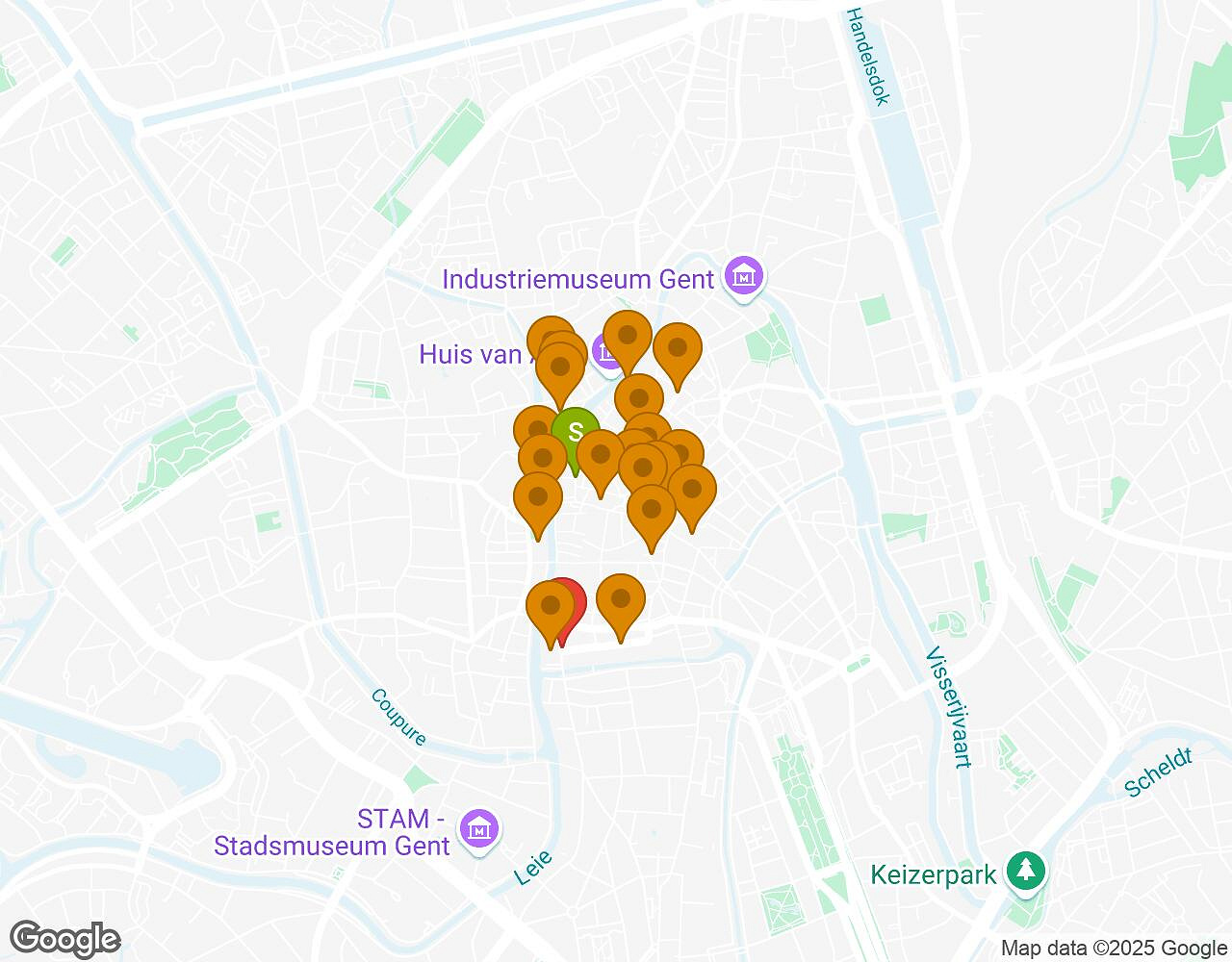 Interactive map for Secrets of Ghent showing start point, end point and points of interest