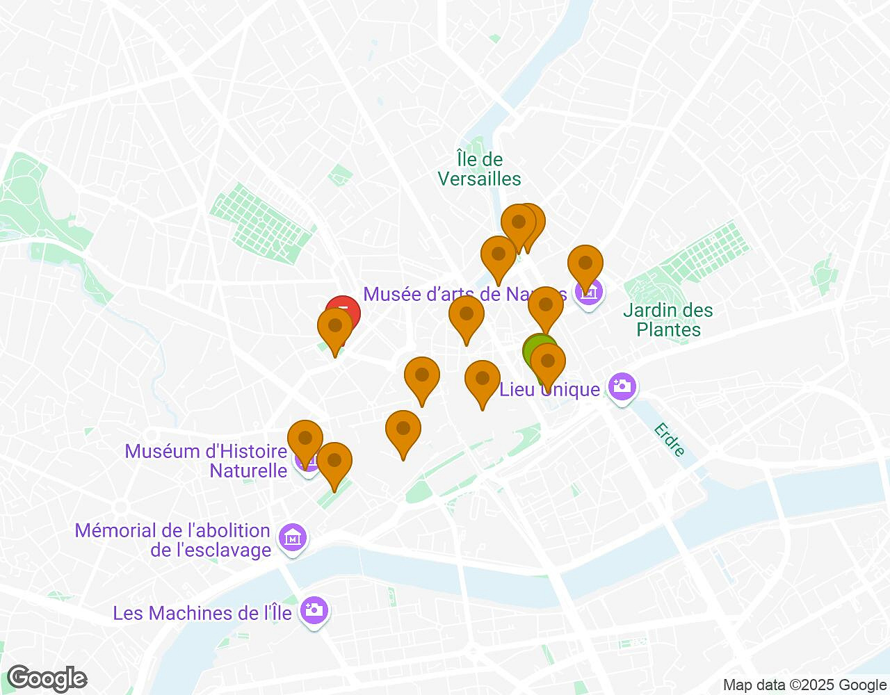 Interactieve kaart voor De Alchemist NANTES met startpunt, eindpunt en bezienswaardigheden