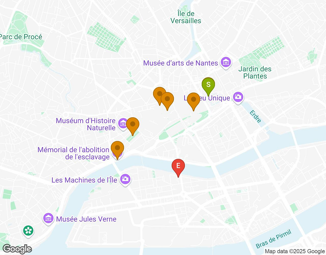 Interactieve kaart voor De Zaak Walter NANTES met startpunt, eindpunt en bezienswaardigheden