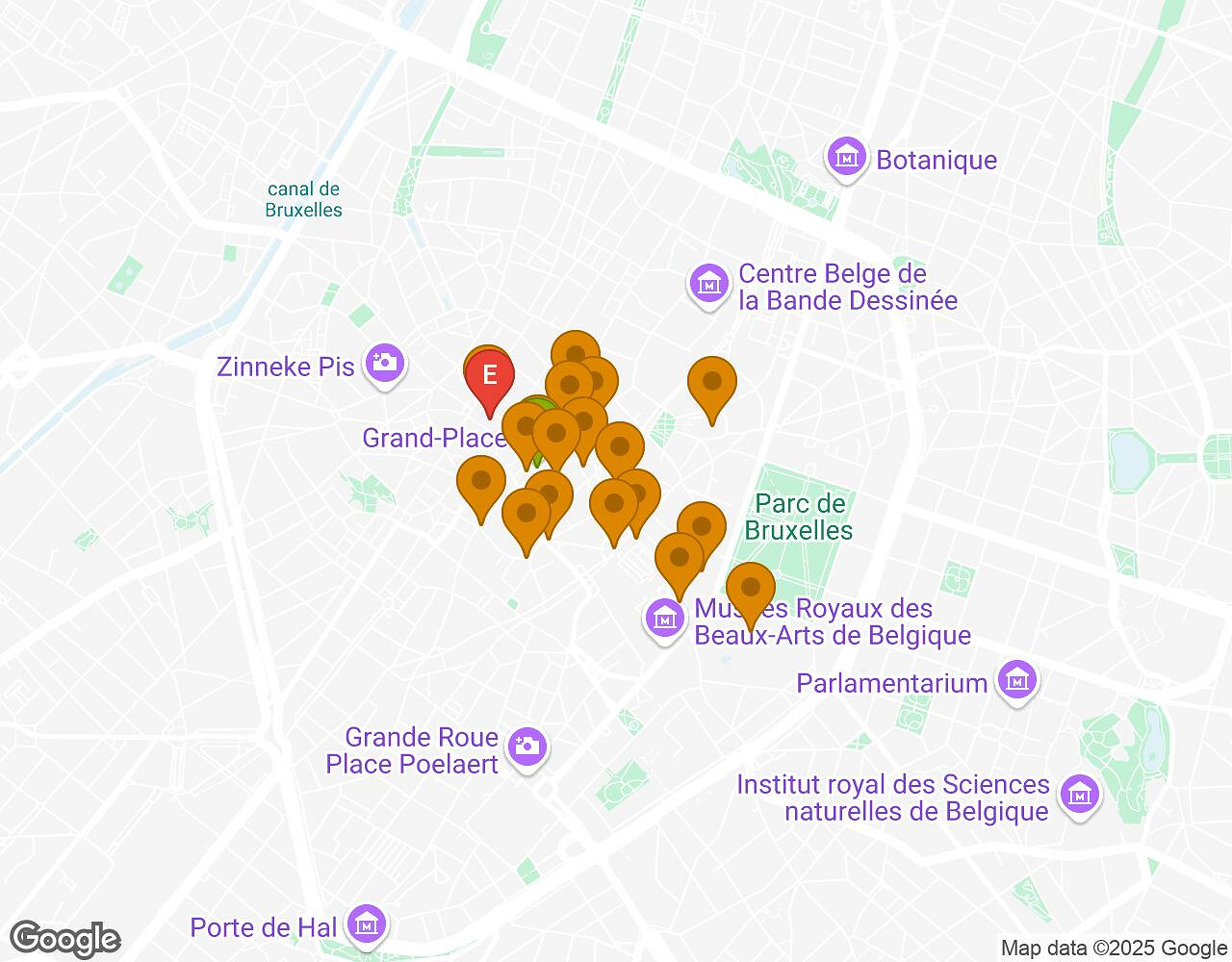 Interactieve kaart voor De Geheimen van Brussel met startpunt, eindpunt en bezienswaardigheden
