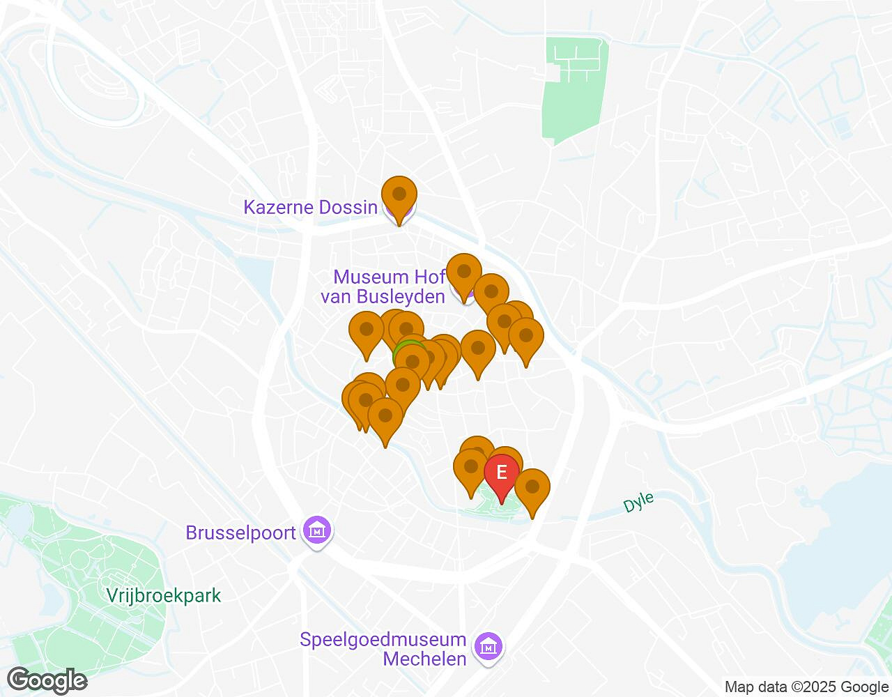 Interactieve kaart voor De Geheimen van Mechelen met startpunt, eindpunt en bezienswaardigheden