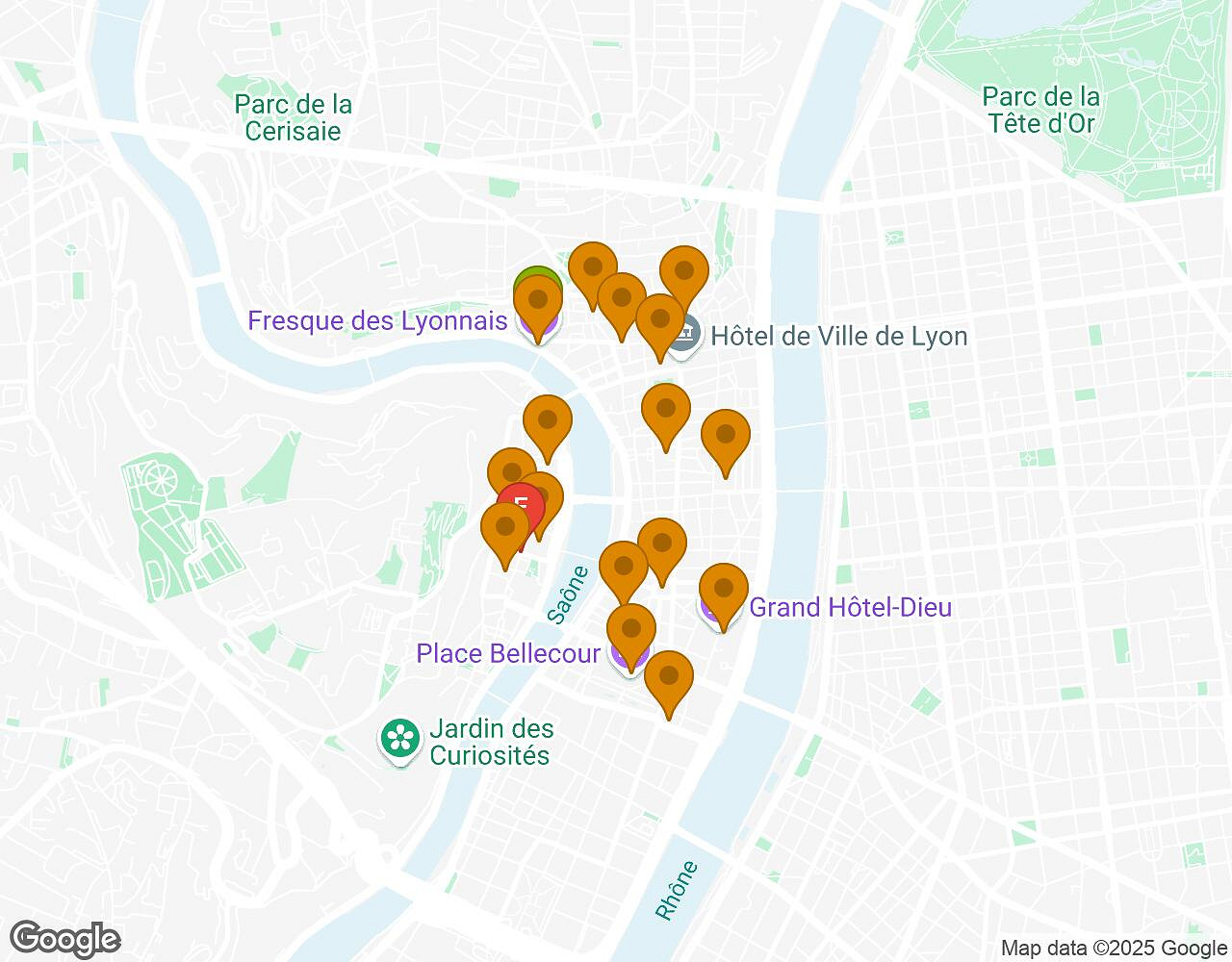 Interactieve kaart voor De Geheimen van Lyon met startpunt, eindpunt en bezienswaardigheden