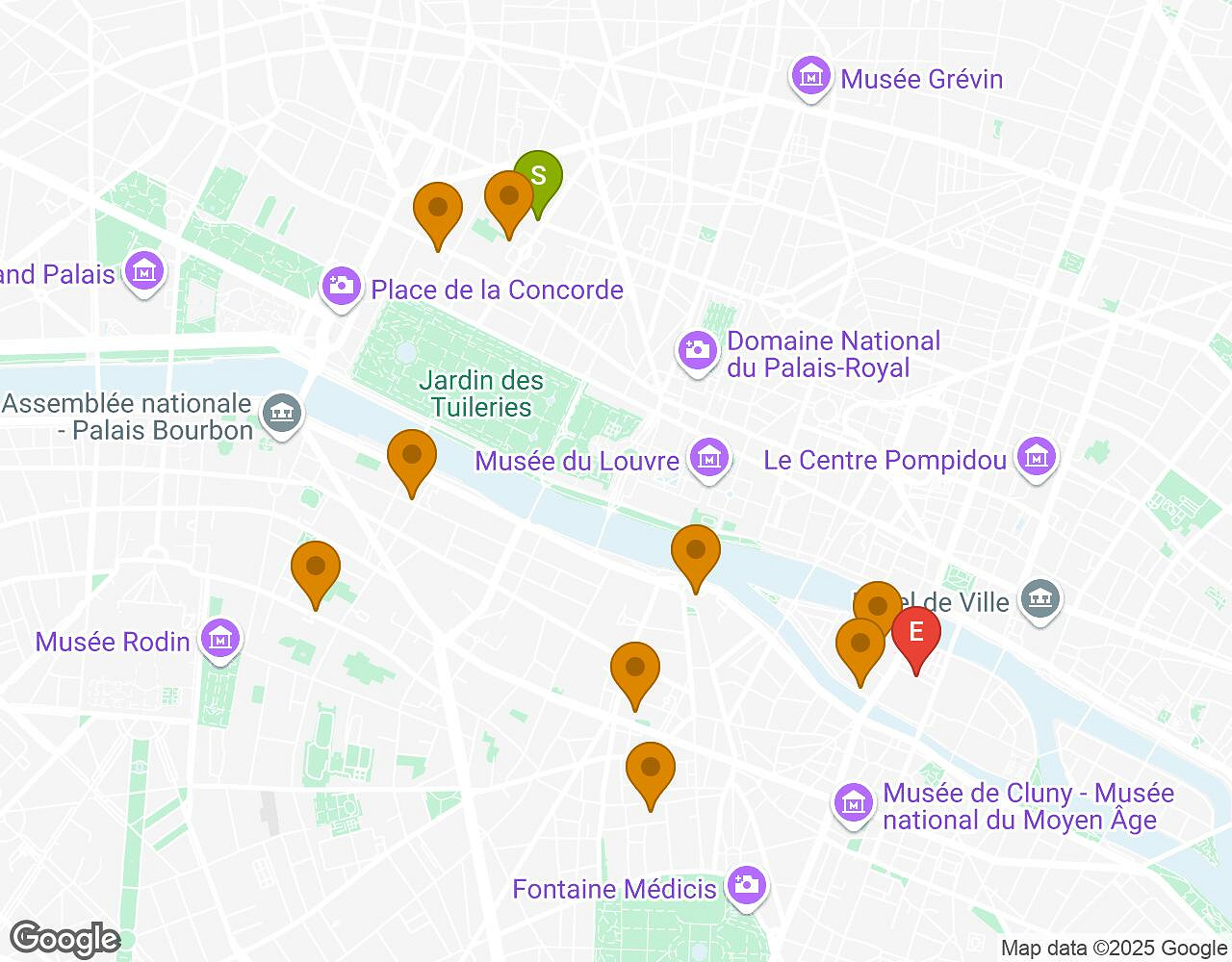 Interactieve kaart voor De Alchemist PARIS met startpunt, eindpunt en bezienswaardigheden