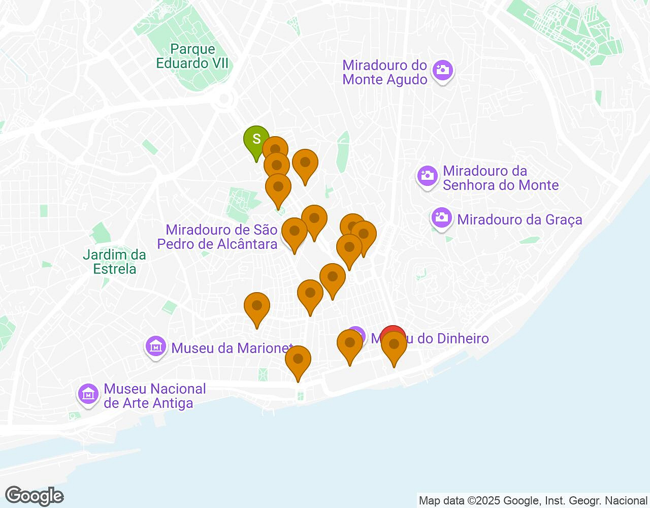 Carte interactive pour L'Alchimiste LISBONNE montrant le point de départ, d'arrivée et les points d'intérêt