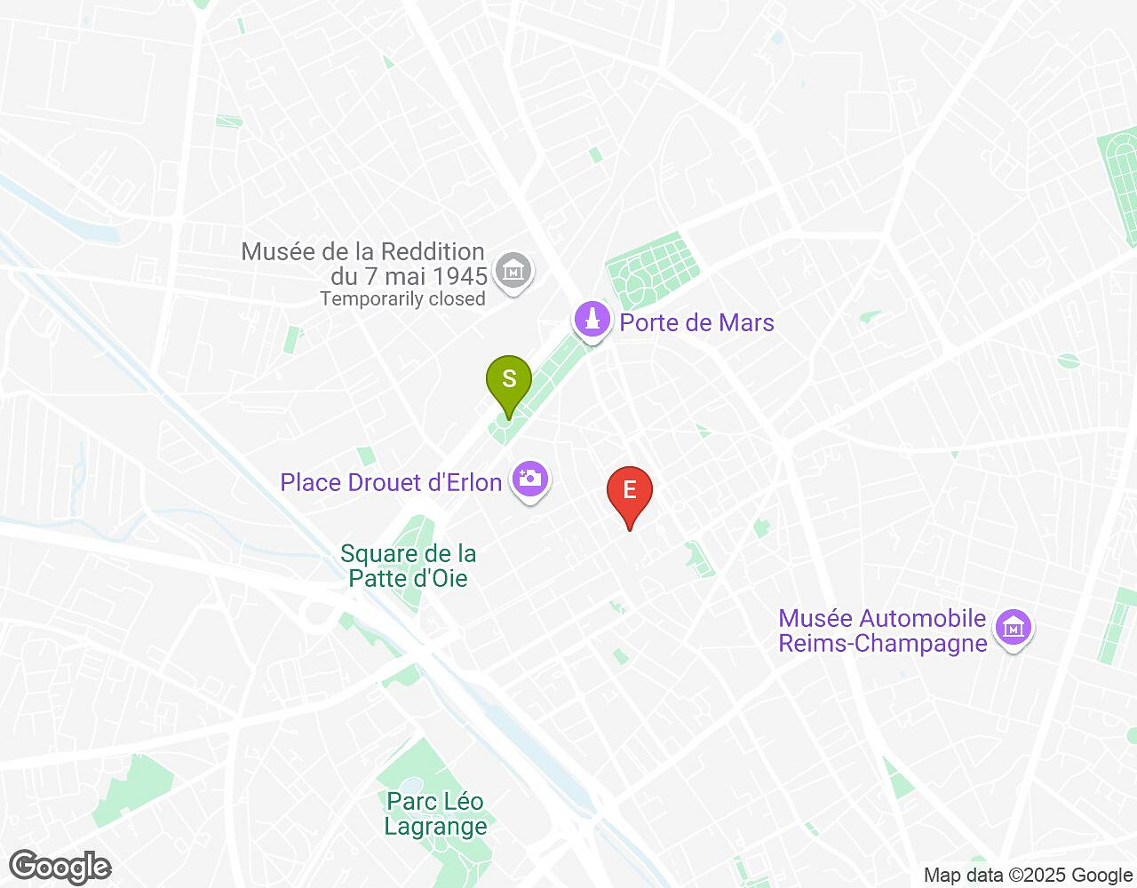Interactieve kaart voor De Alchemist REIMS met startpunt, eindpunt en bezienswaardigheden