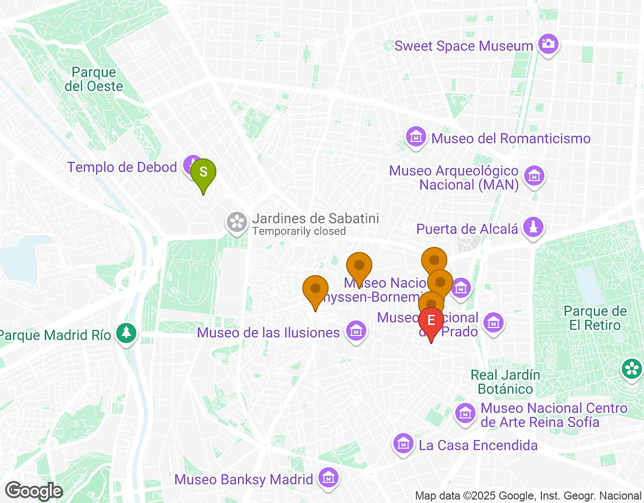 Interactieve kaart voor De Geheimen van Madrid met startpunt, eindpunt en bezienswaardigheden